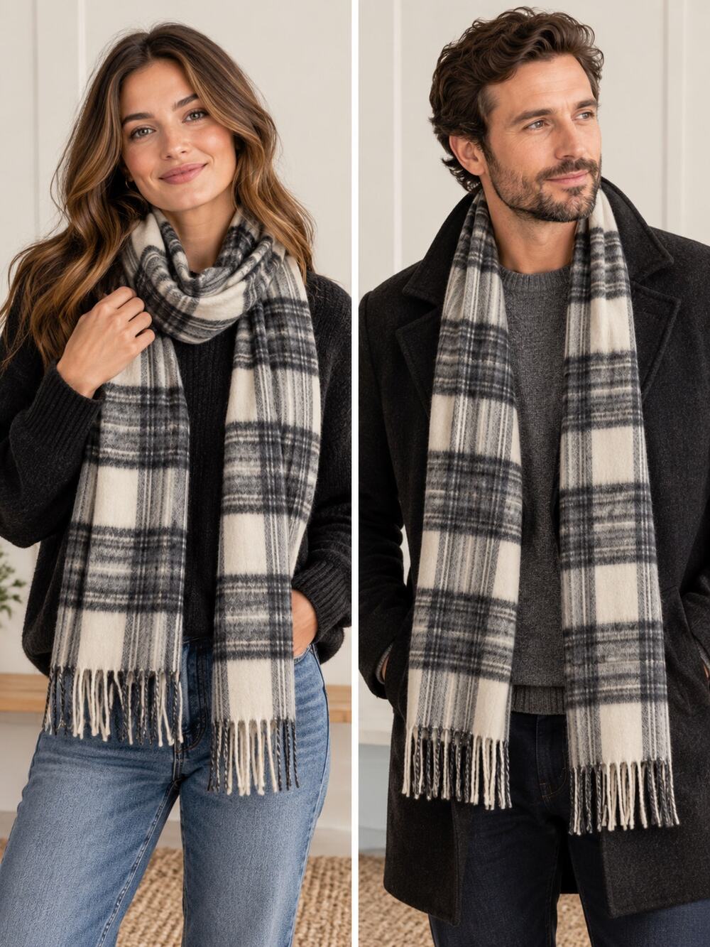 MARCHBRAE Edinburch 100% Cashmere Scarf Cream Black Gray Plaid NWOT